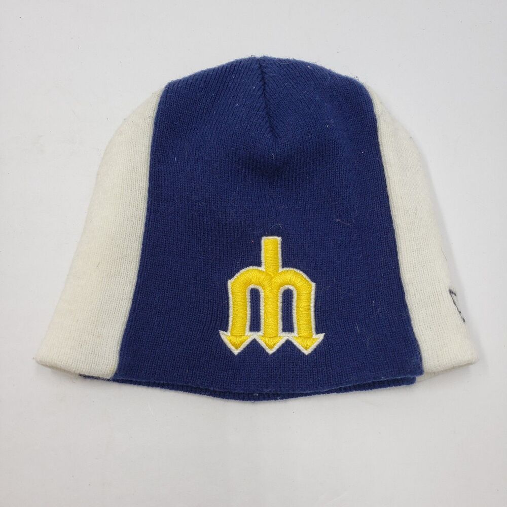 Vintage Seattle Mariners New Era Beanie Hat Navy Blue White Trident Logo MLB Y2K